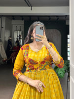 Thumbnail for Lorenvalley Fashion Mustard Viscose Chanderi Printed With Zari Weaving Work Gown with Koti