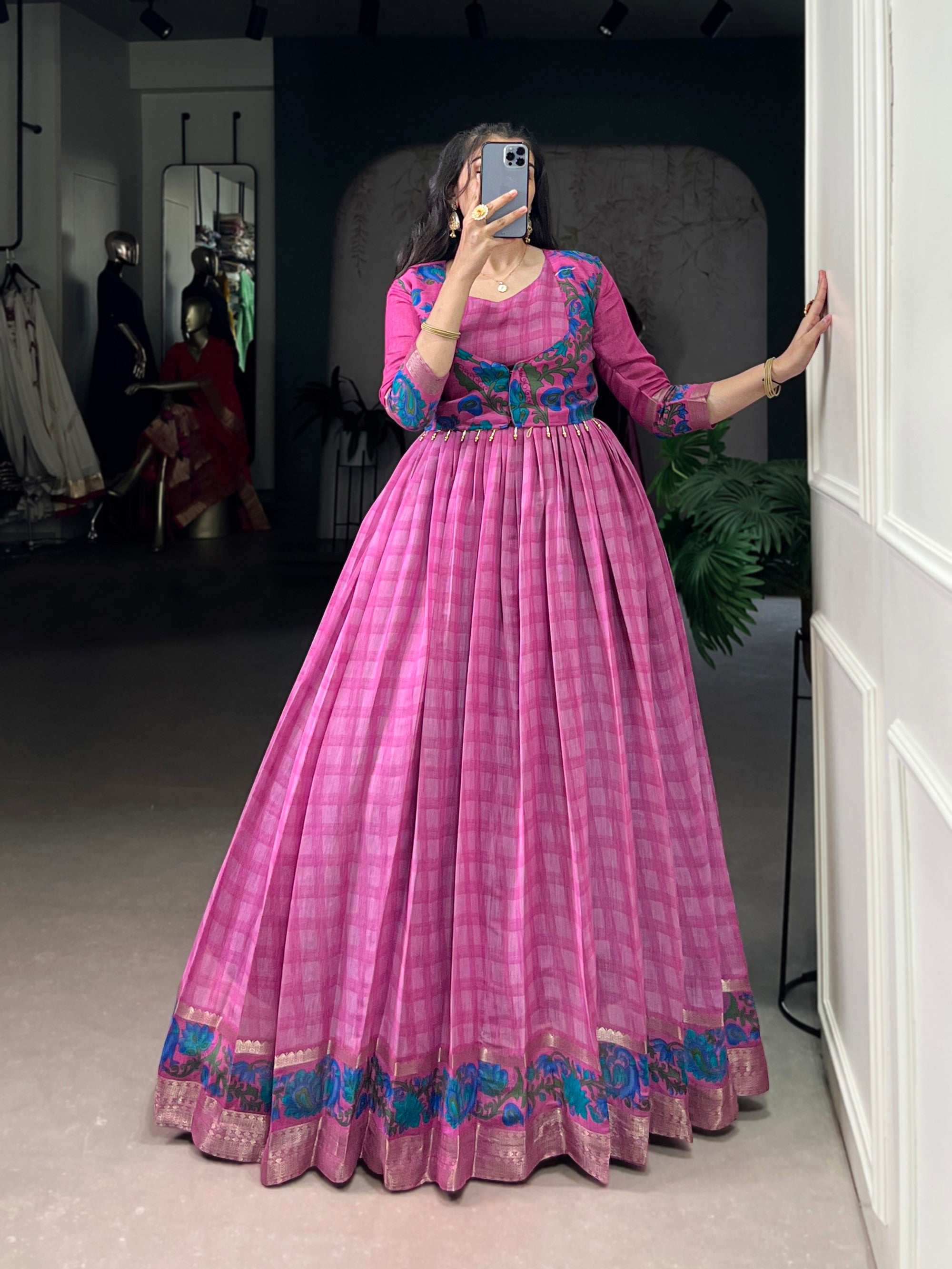 Lorenvalley Fashion Pink Viscose Chanderi Printed With Zari Weaving Work Gown with Koti