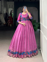 Thumbnail for Lorenvalley Fashion Pink Viscose Chanderi Printed With Zari Weaving Work Gown with Koti