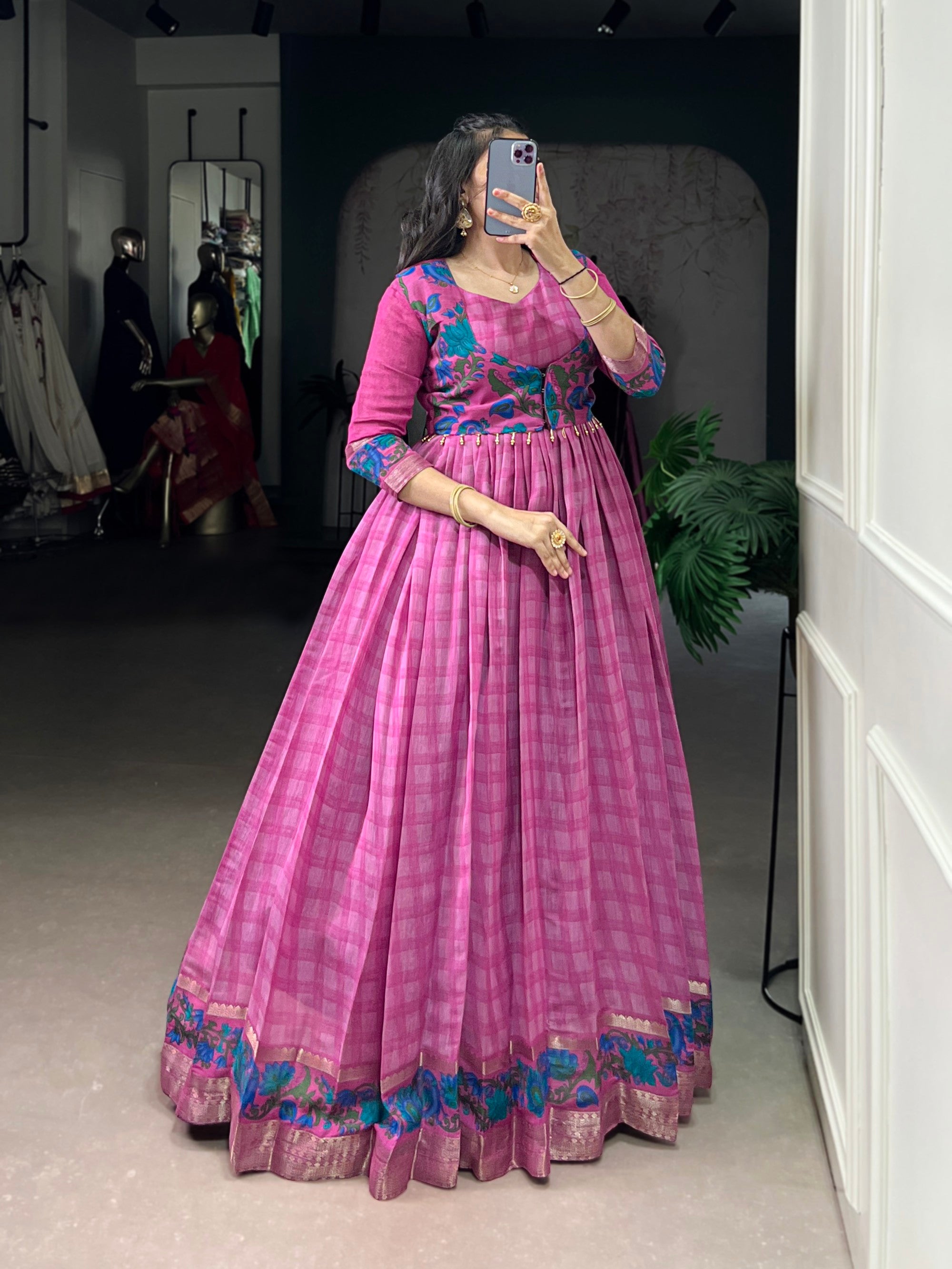Lorenvalley Fashion Pink Viscose Chanderi Printed With Zari Weaving Work Gown with Koti