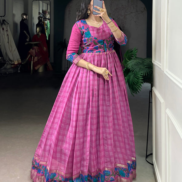 Lorenvalley Fashion Pink Viscose Chanderi Printed With Zari Weaving Work Gown with Koti - Distacart