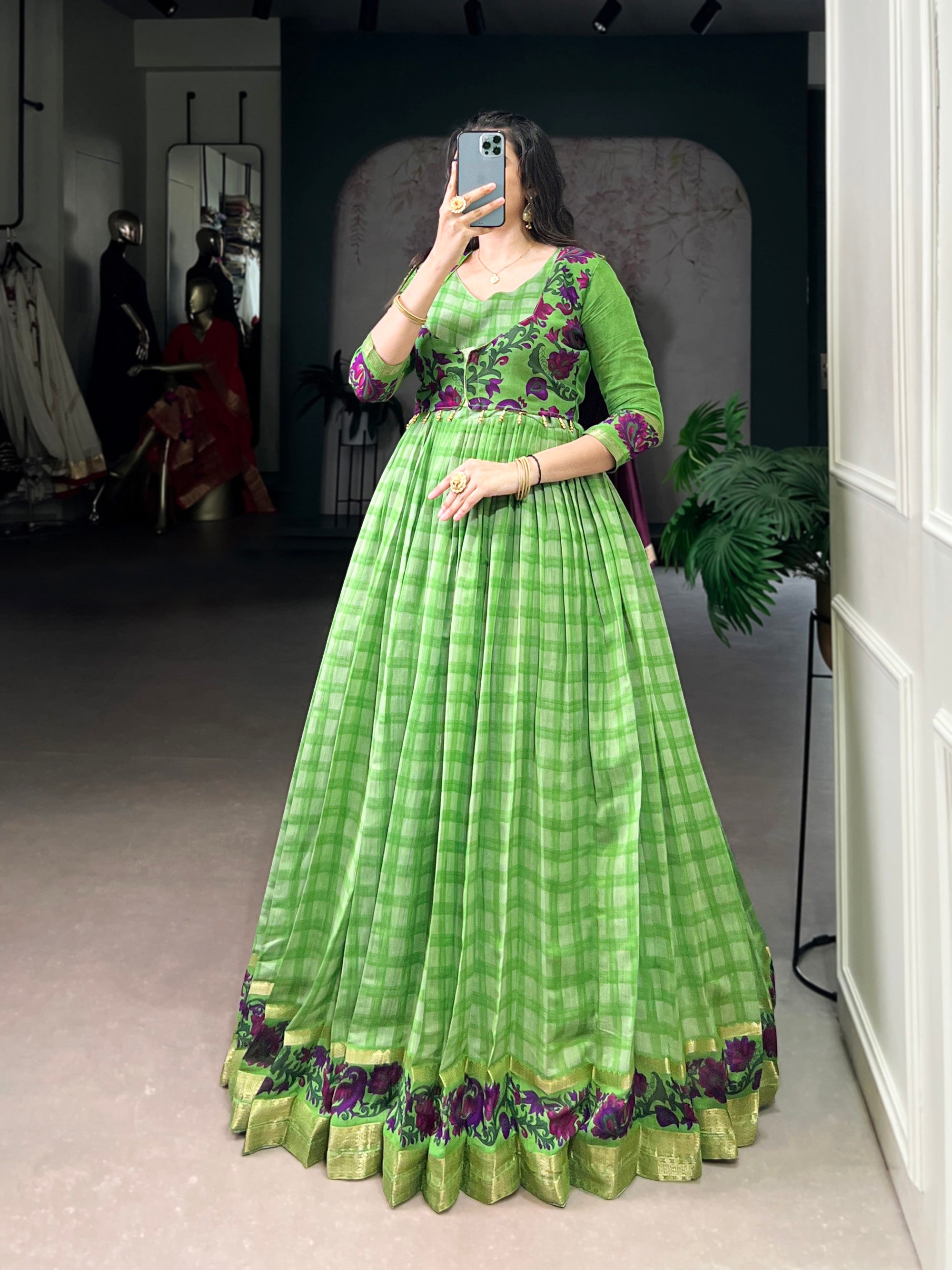 Lorenvalley Fashion Parotgreen Viscose Chanderi Printed With Zari Weaving Work Gown with Koti