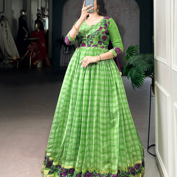 Lorenvalley Fashion Parotgreen Viscose Chanderi Printed With Zari Weaving Work Gown with Koti - Distacart