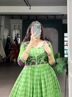 Thumbnail for Lorenvalley Fashion Parotgreen Viscose Chanderi Printed With Zari Weaving Work Gown with Koti