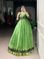 Thumbnail for Lorenvalley Fashion Parotgreen Viscose Chanderi Printed With Zari Weaving Work Gown with Koti