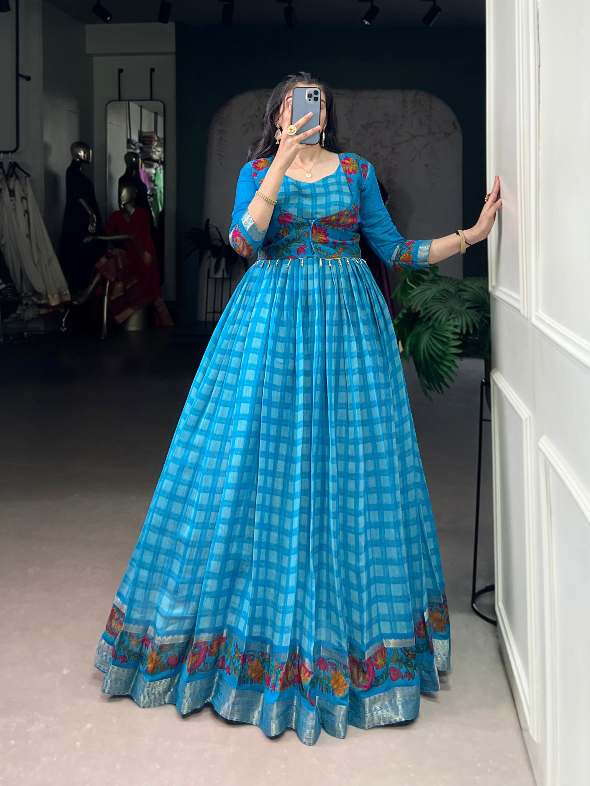 Lorenvalley Fashion Skyblue Viscose Chanderi Printed With Zari Weaving Work Gown with Koti