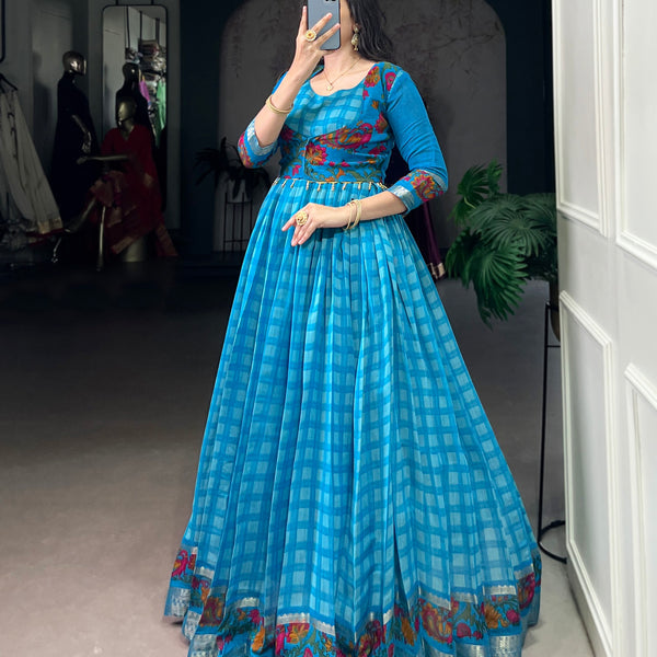Lorenvalley Fashion Skyblue Viscose Chanderi Printed With Zari Weaving Work Gown with Koti - Distacart