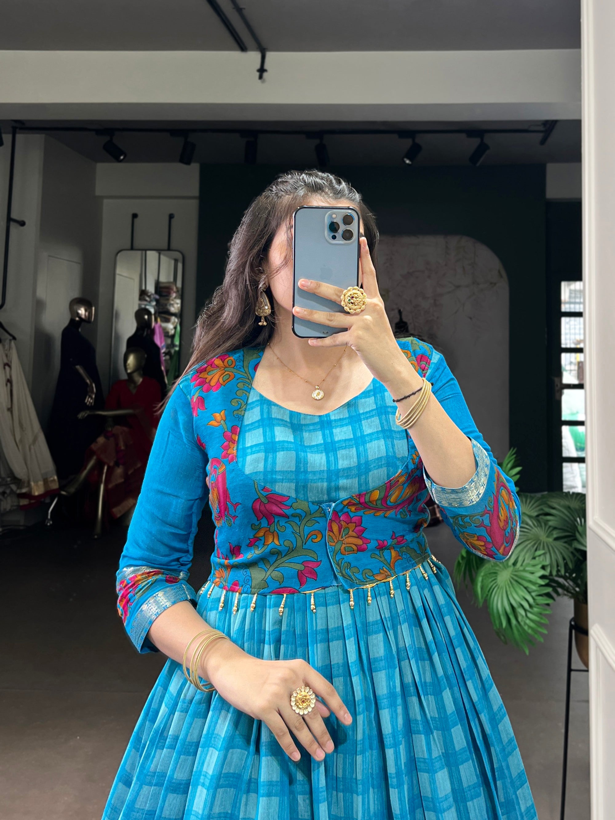 Lorenvalley Fashion Skyblue Viscose Chanderi Printed With Zari Weaving Work Gown with Koti