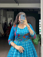 Thumbnail for Lorenvalley Fashion Skyblue Viscose Chanderi Printed With Zari Weaving Work Gown with Koti