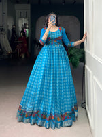 Thumbnail for Lorenvalley Fashion Skyblue Viscose Chanderi Printed With Zari Weaving Work Gown with Koti