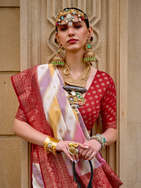 Monjolika Fashion Maroon Color Weaving Border Silk Saree With Blouse