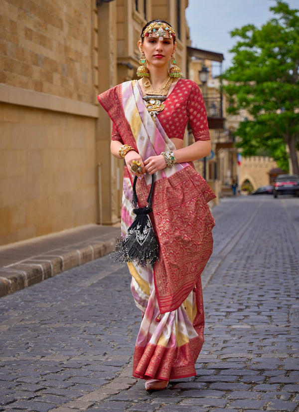 Monjolika Fashion Maroon Color Weaving Border Silk Saree With Blouse