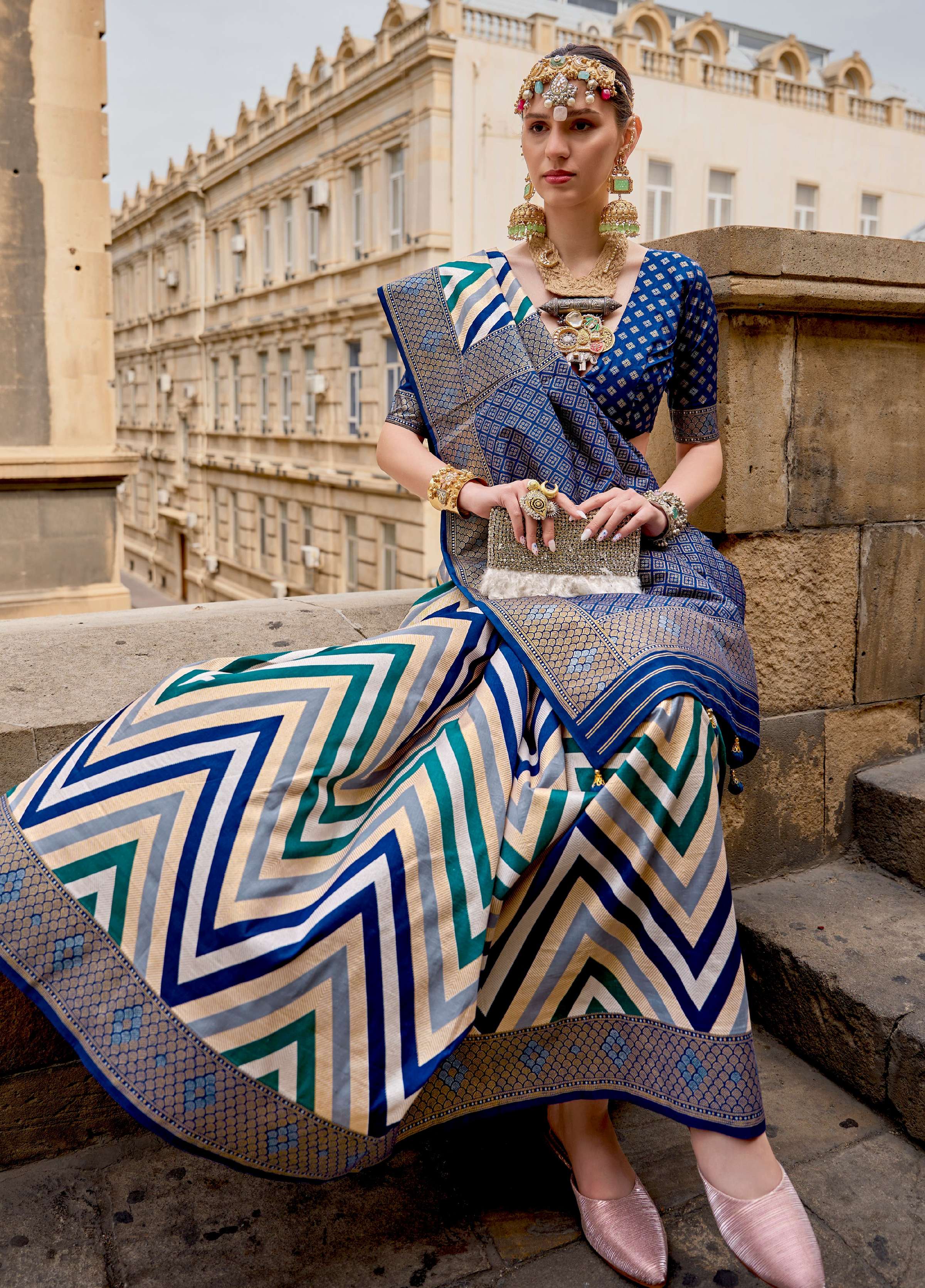 Monjolika Fashion Blue Color Weaving Border Silk Saree With Blouse