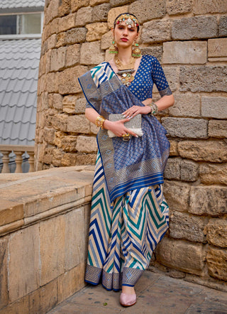 Monjolika Fashion Blue Color Weaving Border Silk Saree With Blouse