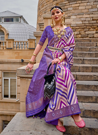 Monjolika Fashion Violet Color Weaving Border Silk Saree With Blouse