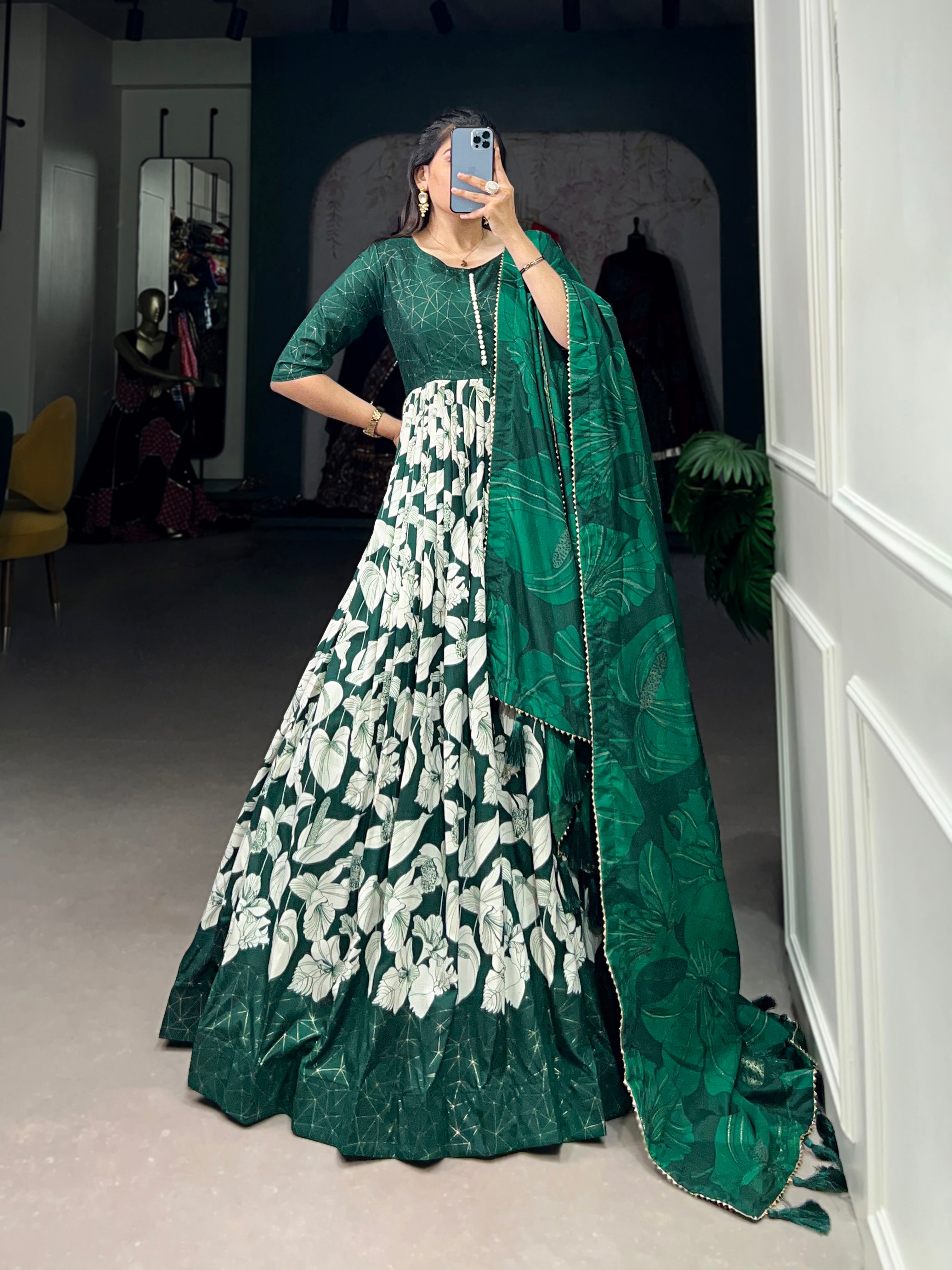 Lorenvalley Green Tussar Silk Floral Print With Foil Print Gown with Dupatta - Distacart
