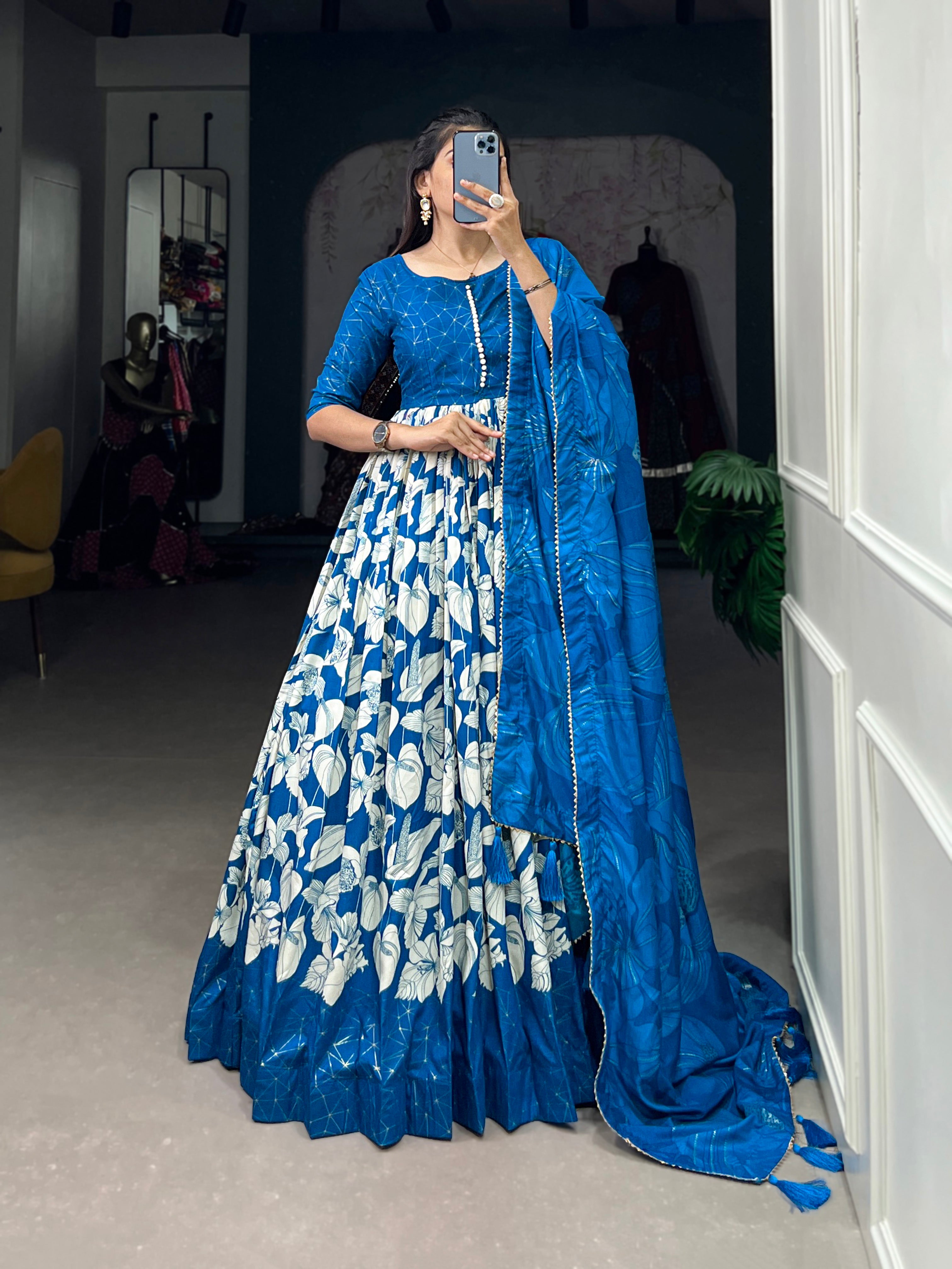 Lorenvalley Blue Tussar Silk Floral Print With Foil Print Gown with Dupatta - Distacart