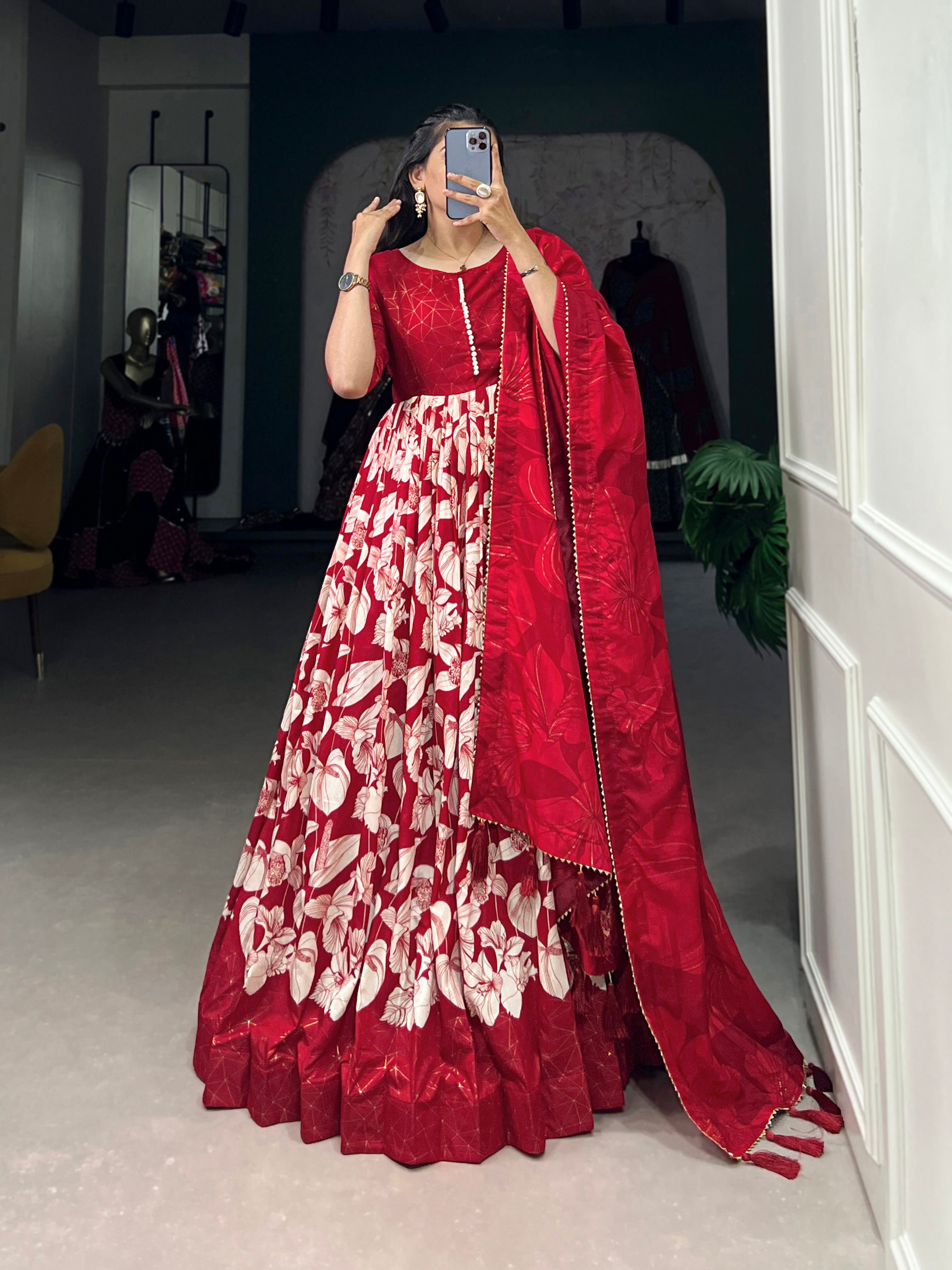 Lorenvalley Red Tussar Silk Floral Print With Foil Print Gown with Dupatta - Distacart