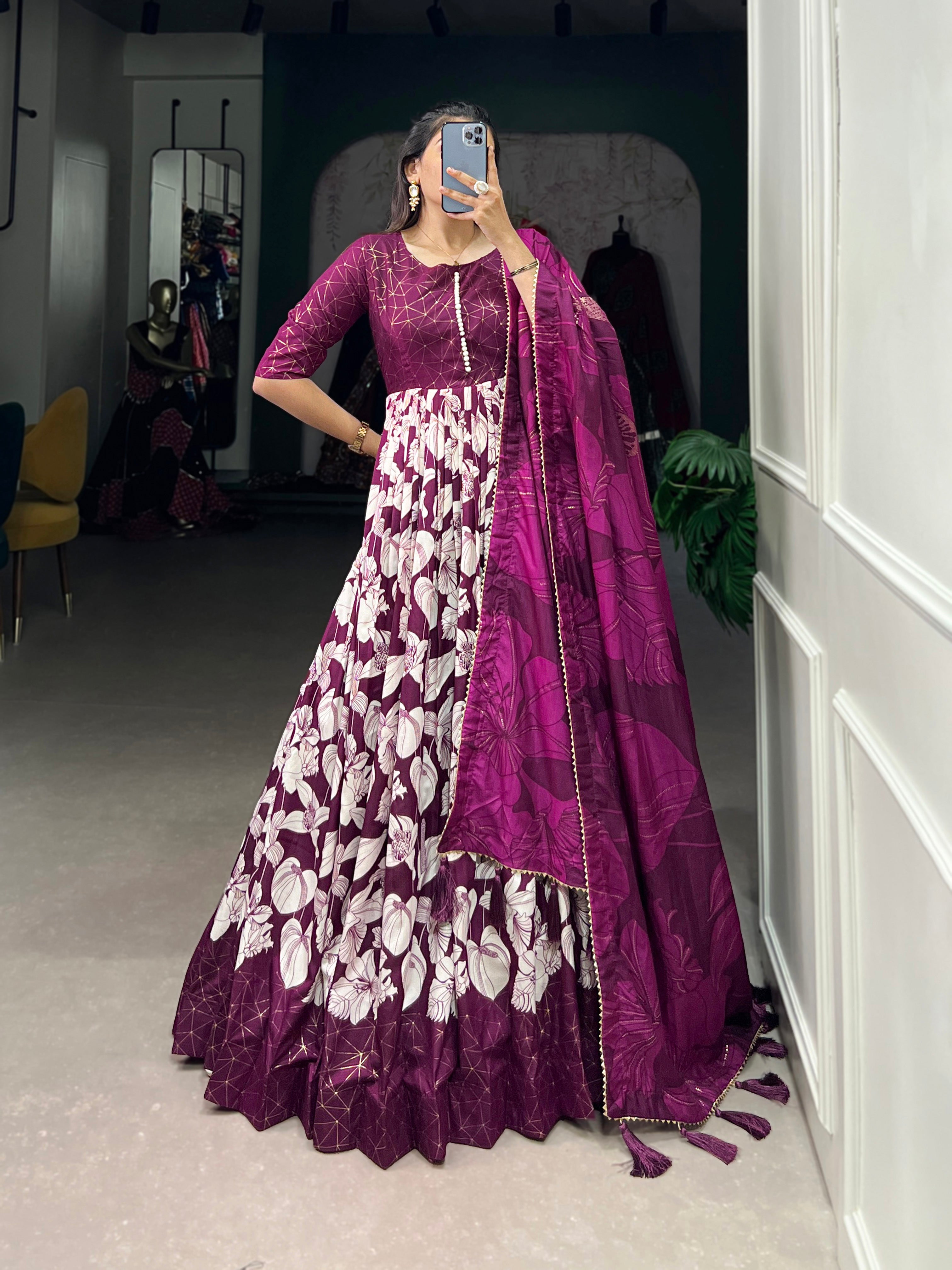 Lorenvalley Wine Tussar Silk Floral Print With Foil Print Gown with Dupatta - Distacart