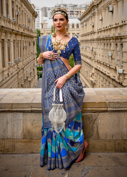 Monjolika Fashion Navy Blue Color Weaving Border Silk Saree With Blouse