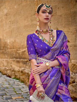 Monjolika Fashion Dark Violet Color Weaving Border Silk Saree With Blouse
