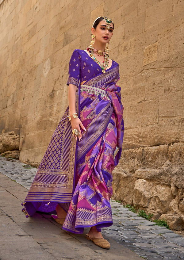 Monjolika Fashion Dark Violet Color Weaving Border Silk Saree With Blouse