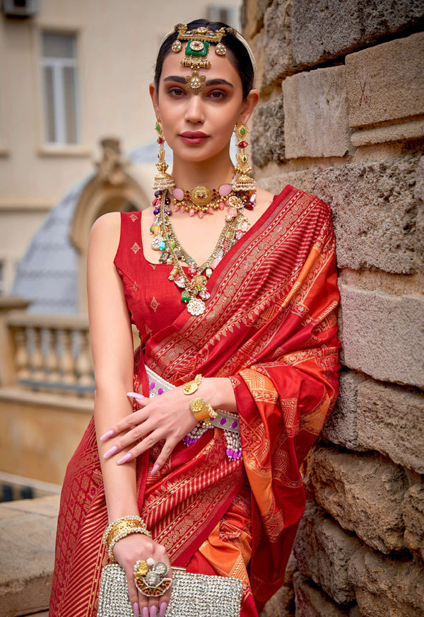 Monjolika Fashion Red Color Weaving Border Silk Saree With Blouse