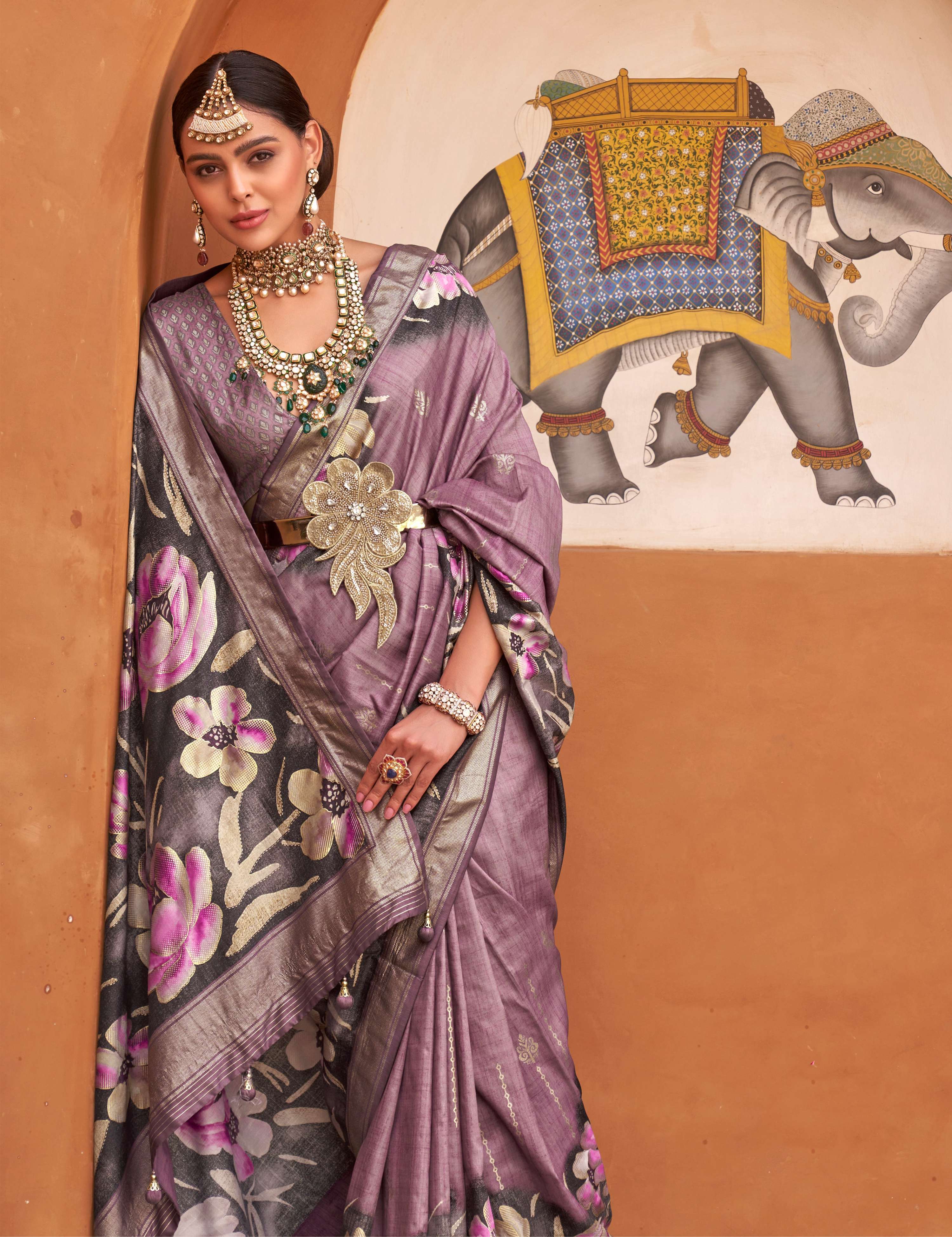 Monjolika Fashion Mauve Color Digitally Printed Weaving Silk Saree With Blouse - Distacart