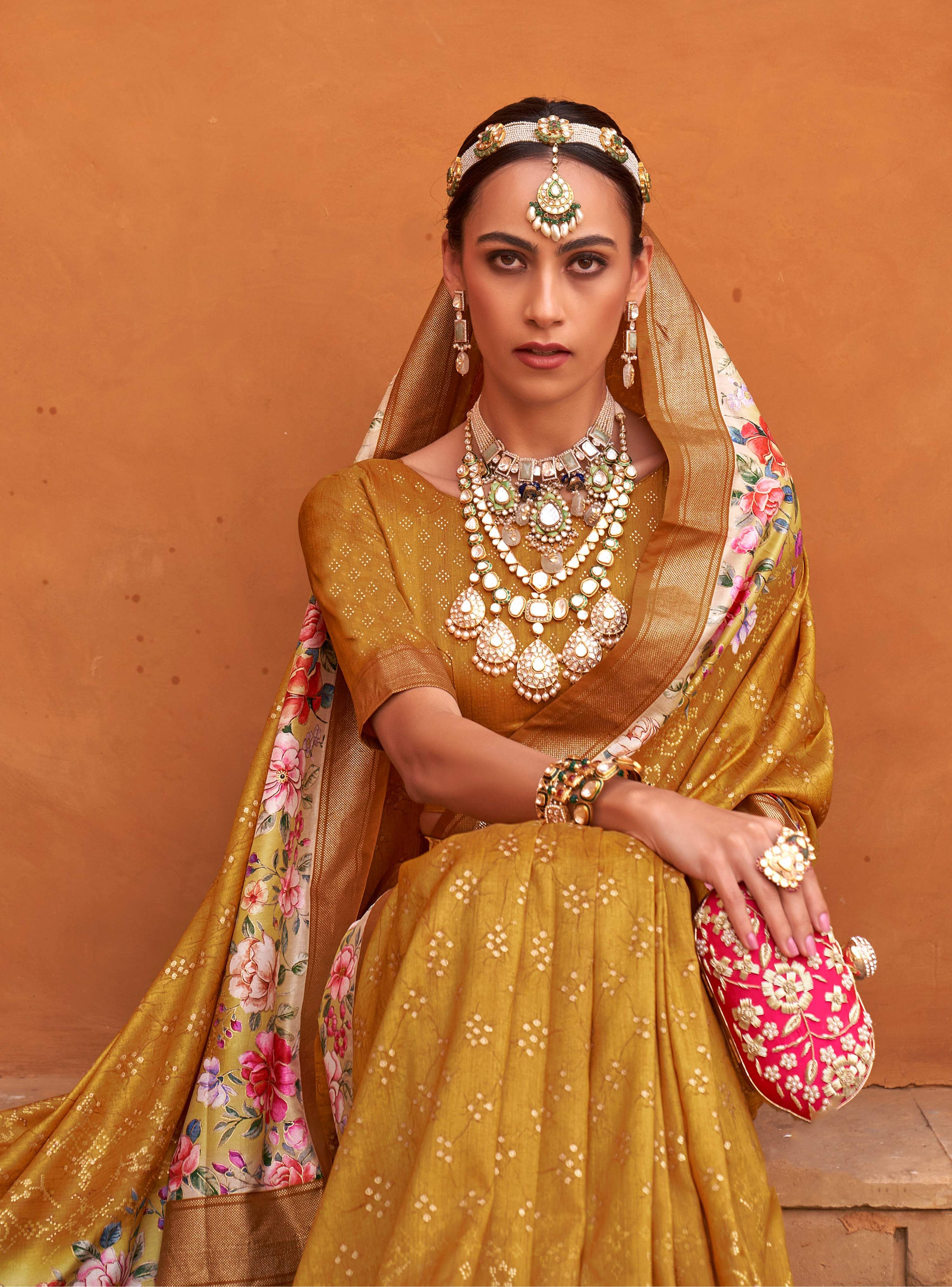 Monjolika Fashion Amber Color Digitally Printed Weaving Silk Saree With Blouse - Distacart