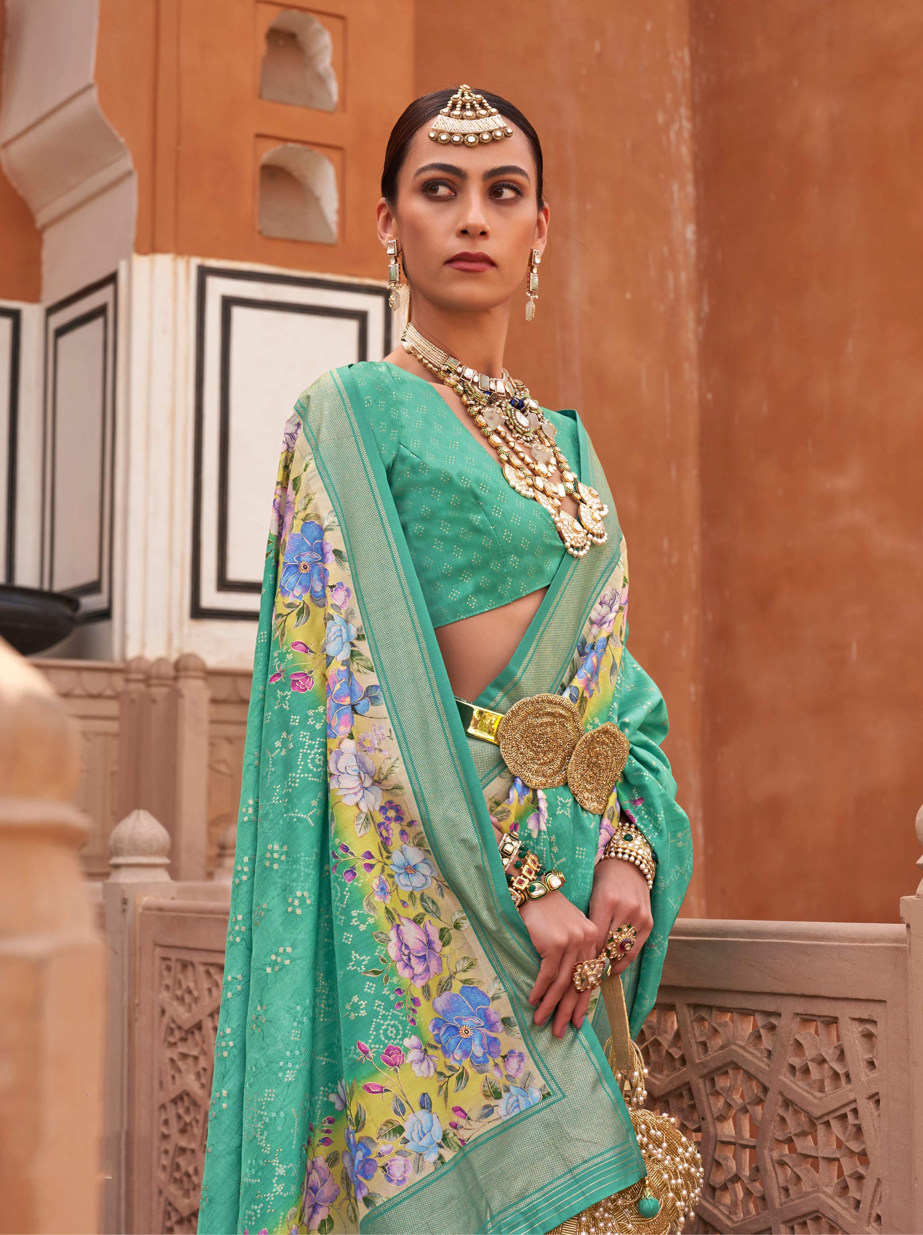 Monjolika Fashion Sea Green Color Digitally Printed Weaving Silk Saree With Blouse - Distacart
