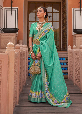 Monjolika Fashion Sea Green Color Digitally Printed Weaving Silk Saree With Blouse