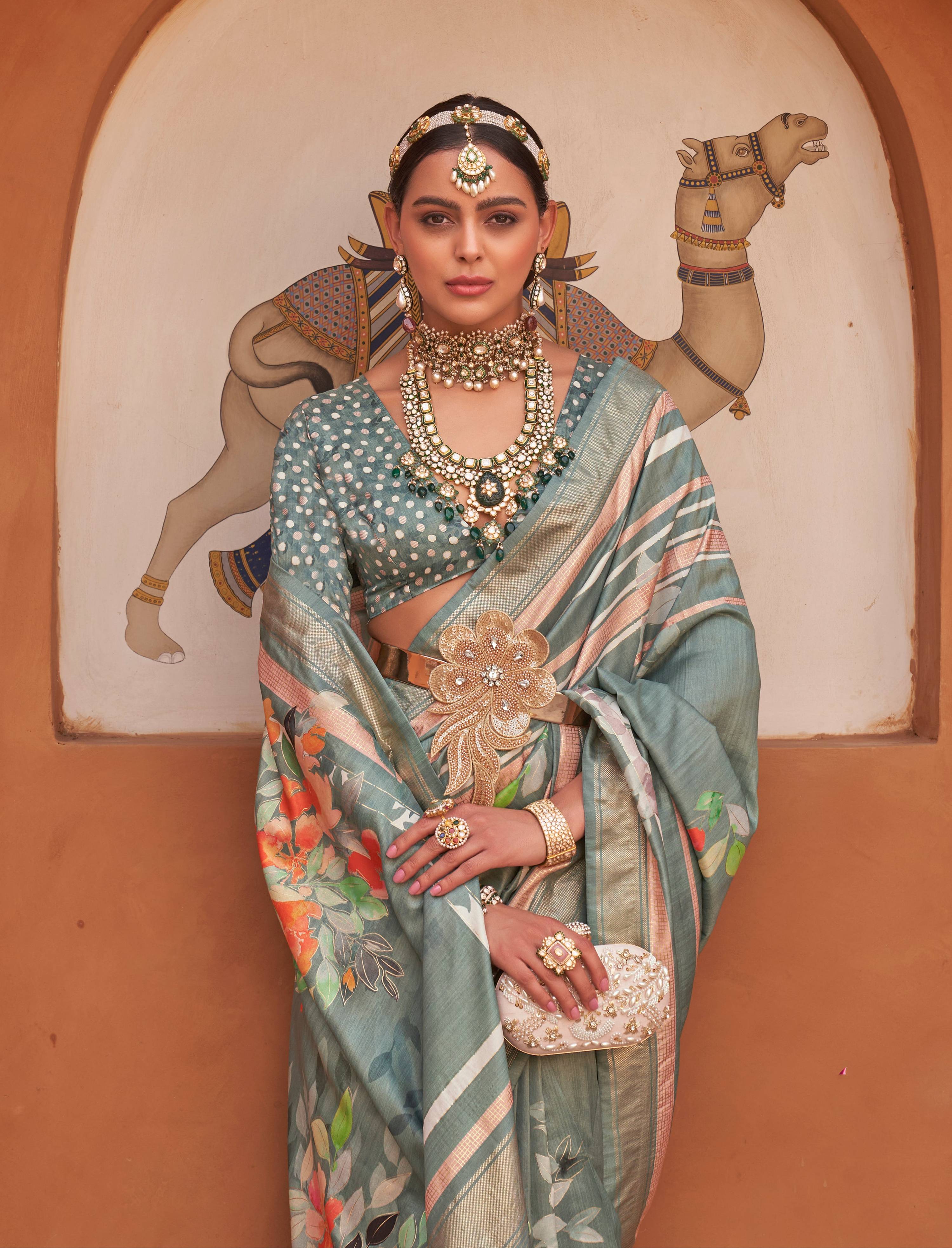 Monjolika Fashion Light Teal Color Digitally Printed Weaving Silk Saree With Blouse - Distacart