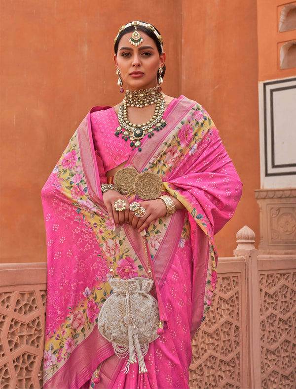 Monjolika Fashion Rose Pink Color Digitally Printed Weaving Silk Saree With Blouse