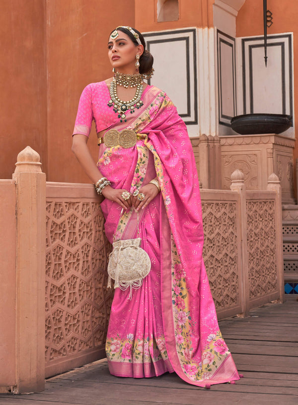 Monjolika Fashion Rose Pink Color Digitally Printed Weaving Silk Saree With Blouse