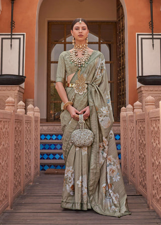 Monjolika Fashion Dark Beige Color Digitally Printed Weaving Silk Saree With Blouse