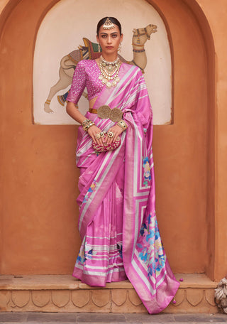 Monjolika Fashion Rose Pink Color Digitally Printed Weaving Silk Saree With Blouse