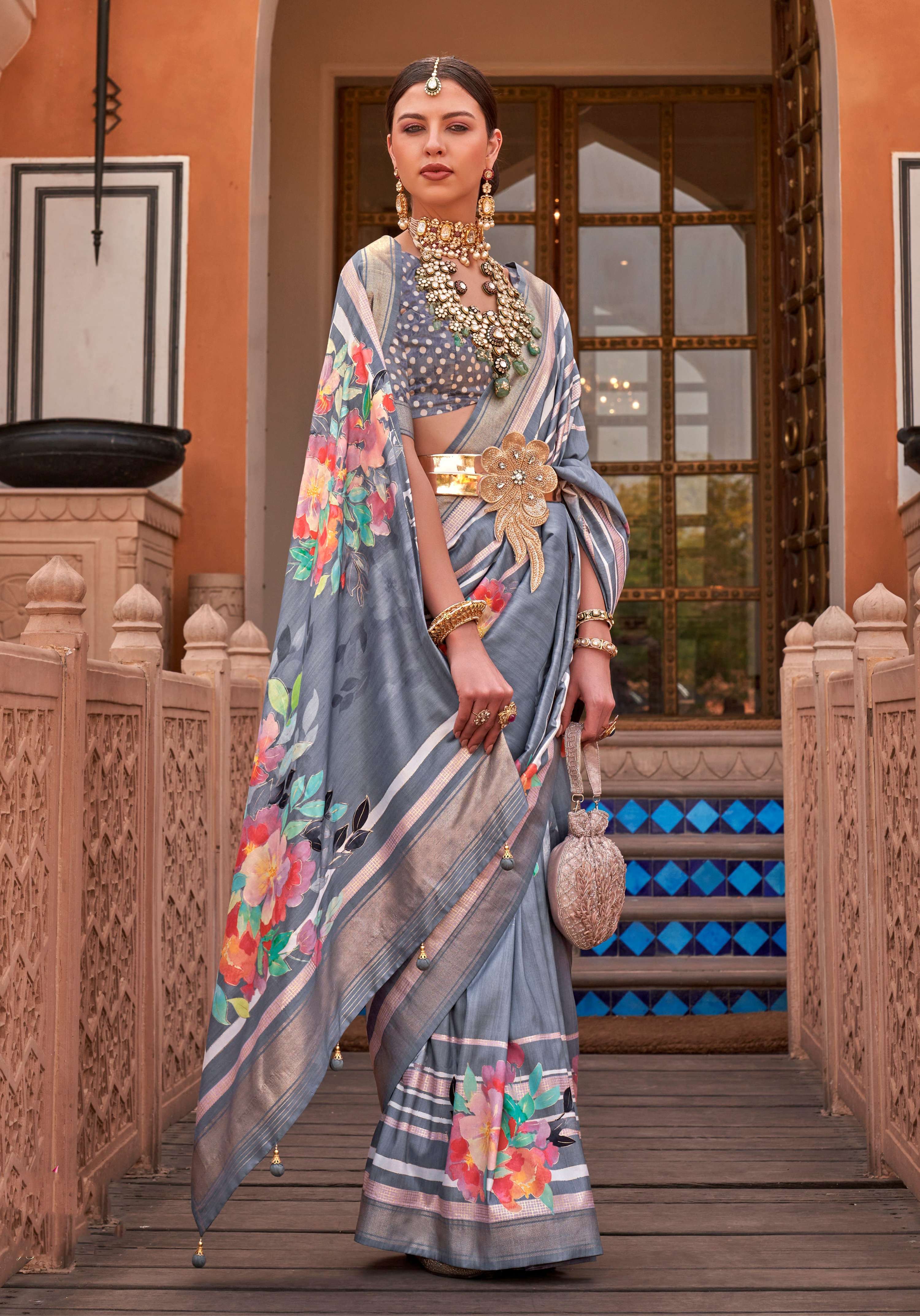 Monjolika Fashion Grey Color Digitally Printed Weaving Silk Saree With Blouse - Distacart