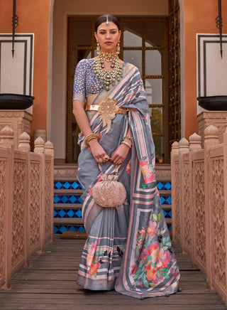 Monjolika Fashion Grey Color Digitally Printed Weaving Silk Saree With Blouse