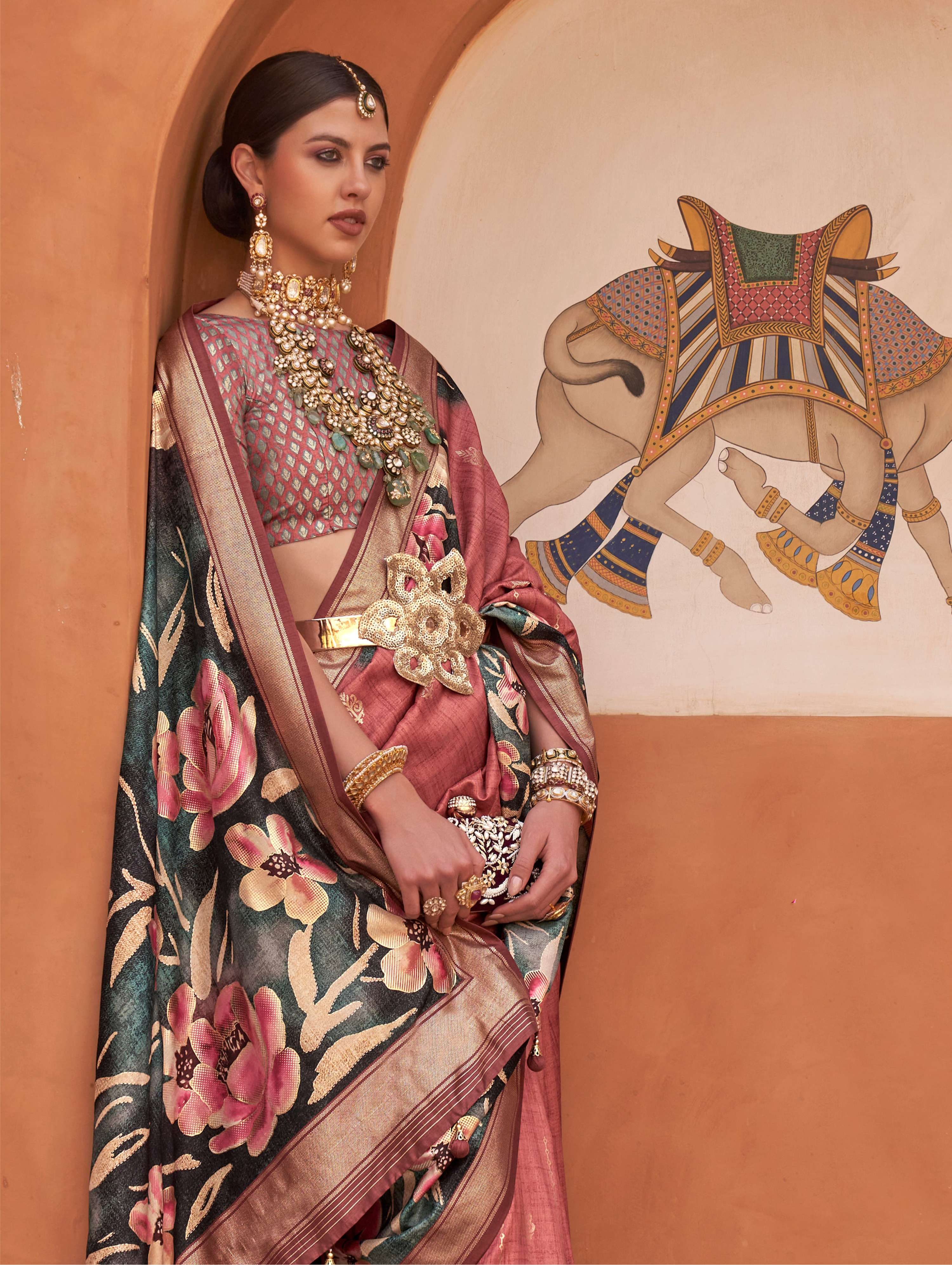 Monjolika Fashion Rust Color Digitally Printed Weaving Silk Saree With Blouse - Distacart