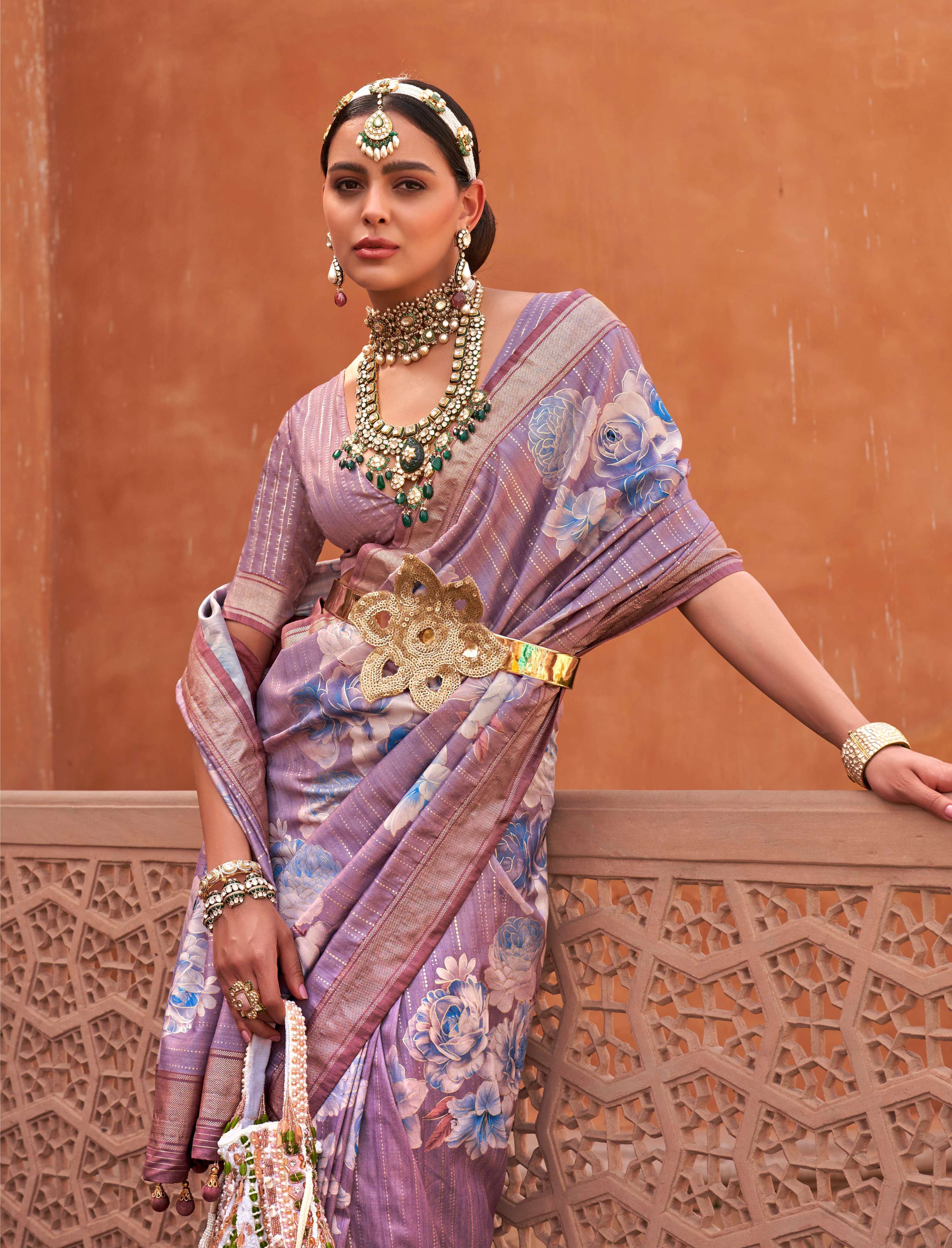 Monjolika Fashion Lavender Color Digitally Printed Weaving Silk Saree With Blouse - Distacart
