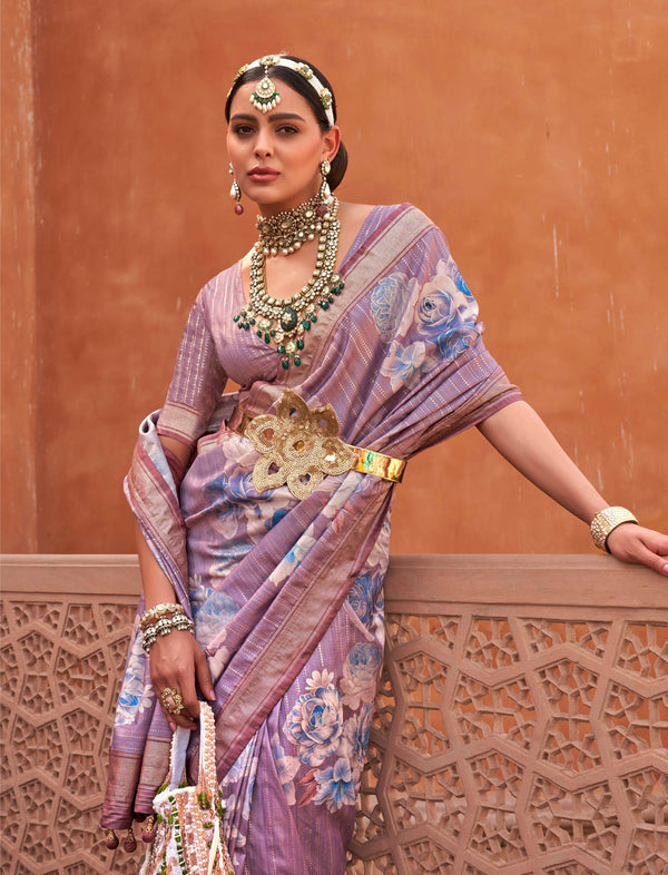 Monjolika Fashion Lavender Color Digitally Printed Weaving Silk Saree With Blouse