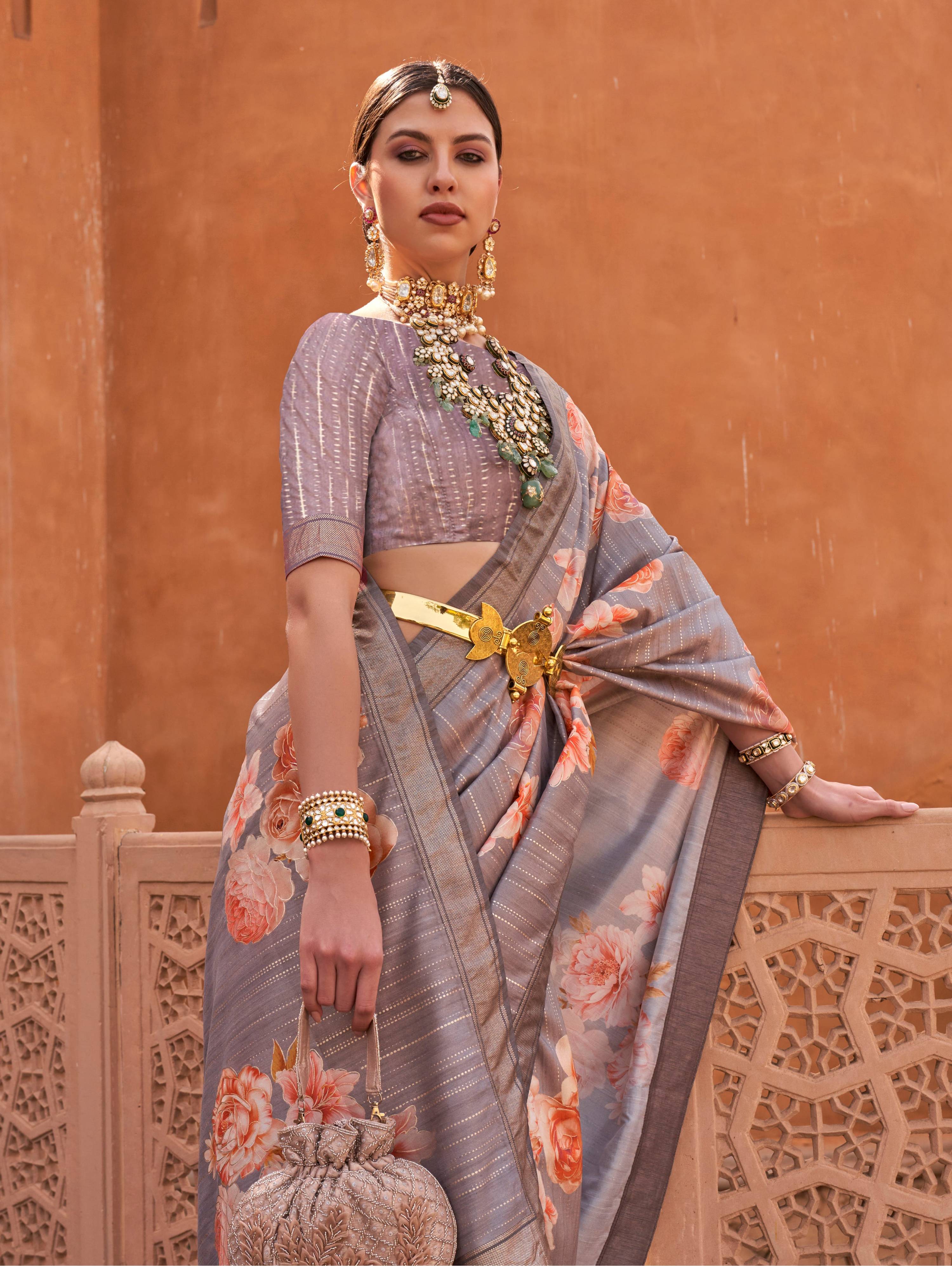Monjolika Fashion Light Grey Color Digitally Printed Weaving Silk Saree With Blouse - Distacart