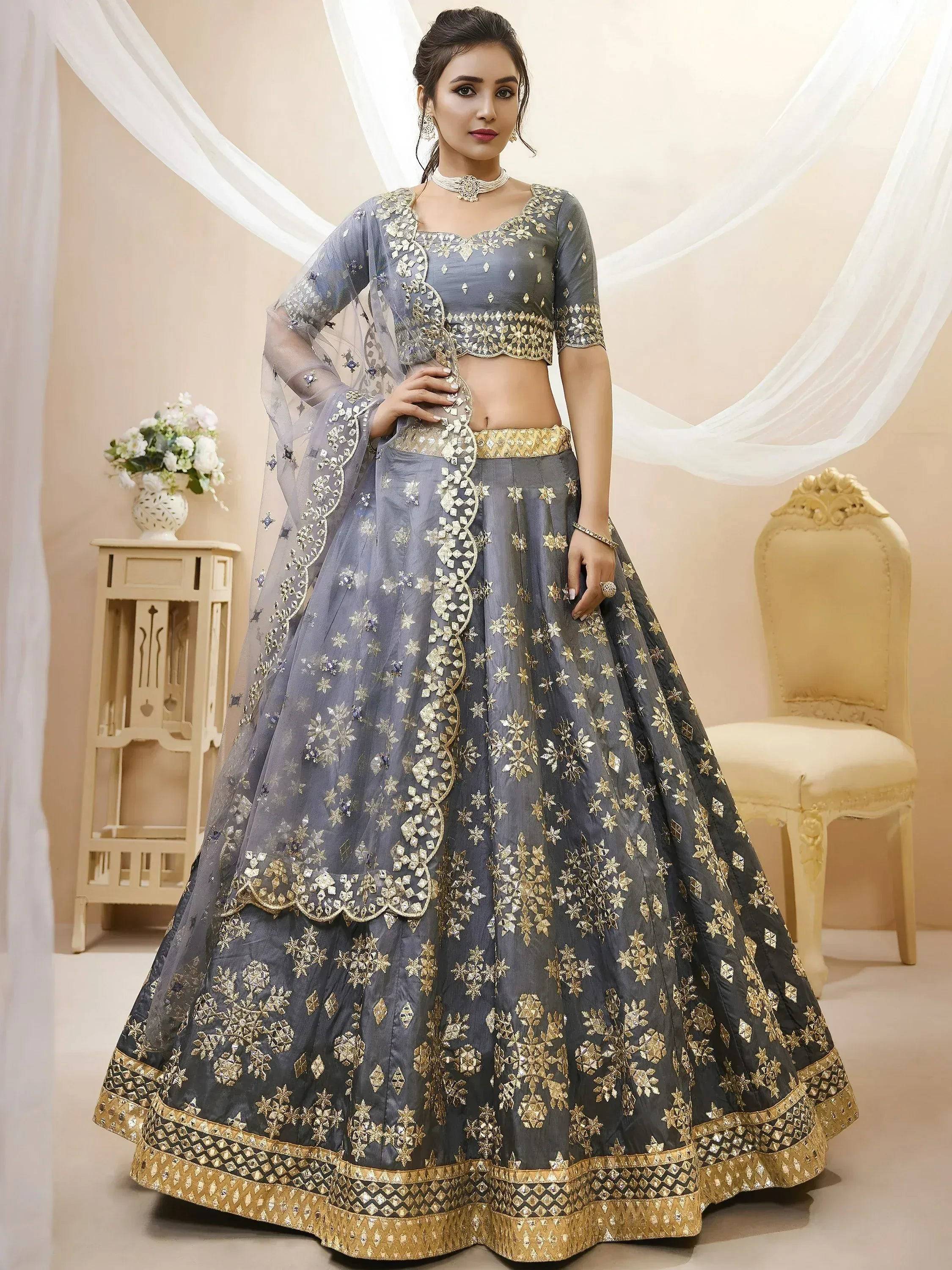 Tulsi Art Marvelous Grey Embroidered Art Silk Engagement Wear Lehenga Choli - Dista