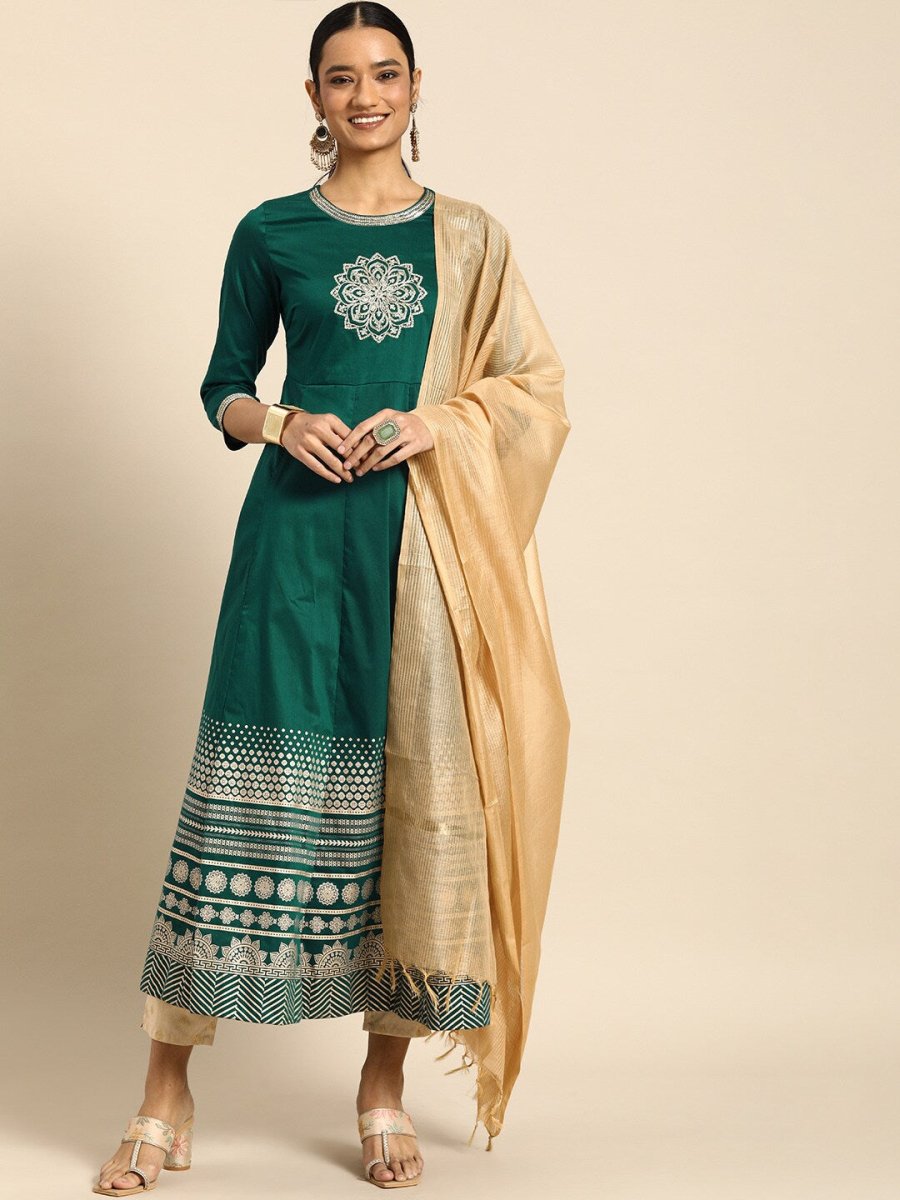 All About You Women Teal Green Embroidered Kurta with Dupatta - Distacart