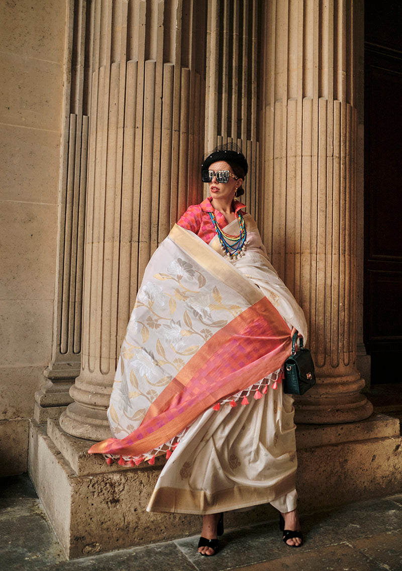 Monjolika Fashion Off White Soft Silk Ceremonial Designer Saree