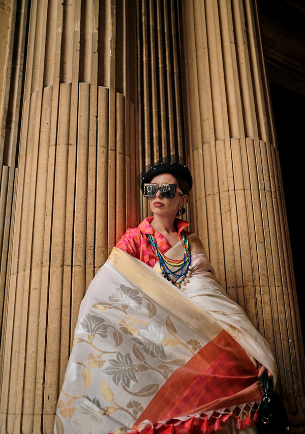 Monjolika Fashion Off White Soft Silk Ceremonial Designer Saree