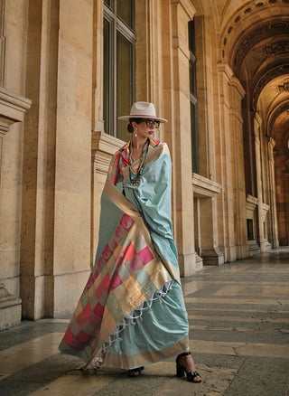 Monjolika Fashion Light Sky Blue Soft Silk Ceremonial Designer Saree