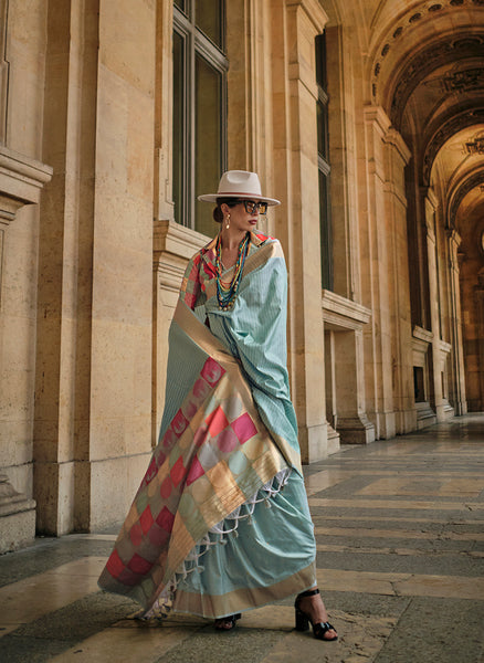 Monjolika Fashion Light Sky Blue Soft Silk Ceremonial Designer Saree