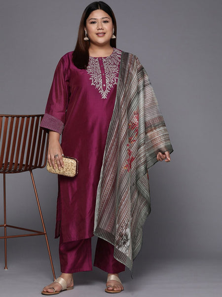 Sztori Plus Size Yoke Design Regular Sequinned Chanderi Silk Kurta & Trousers With Dupatta - Distacart