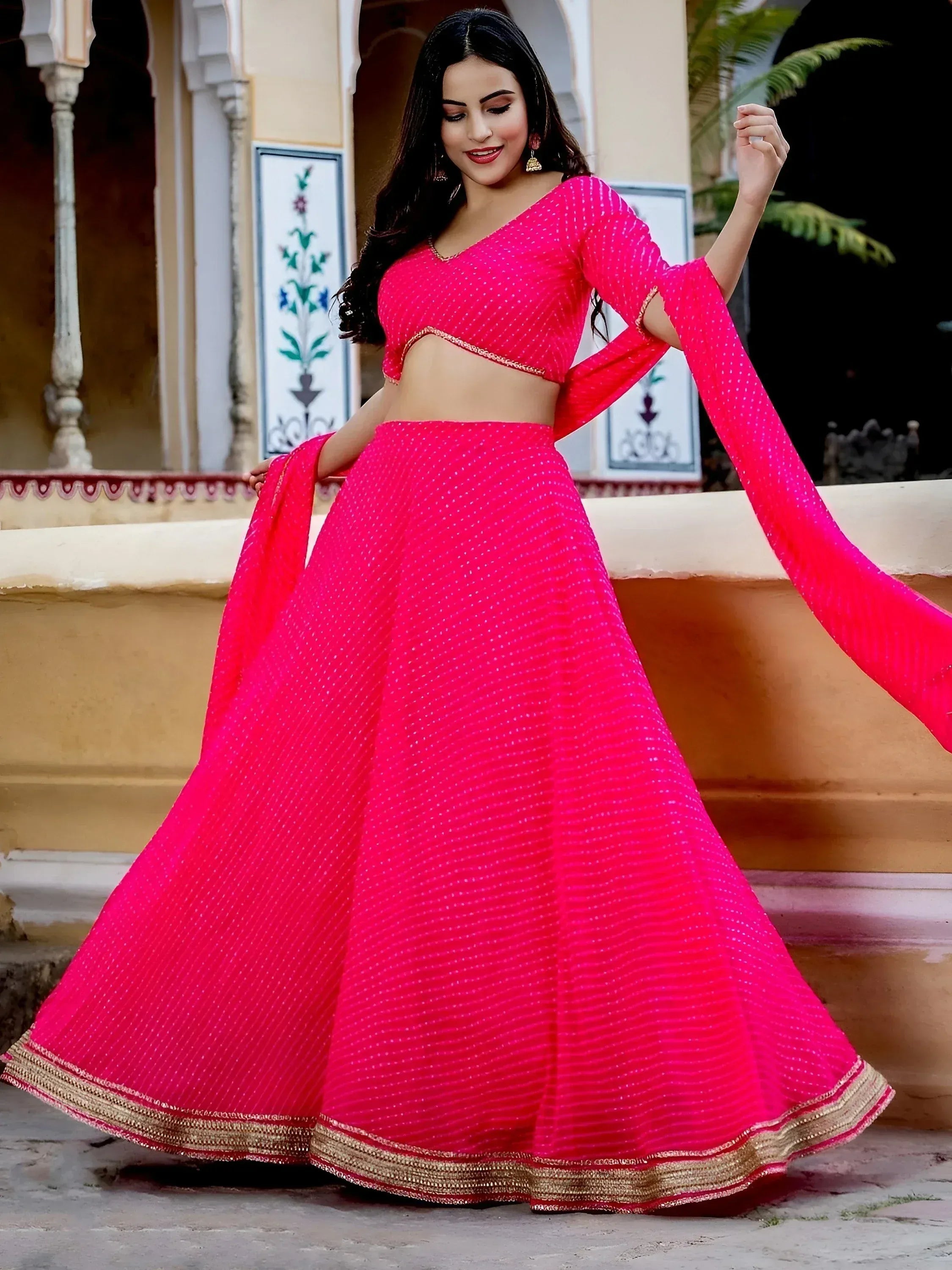 Tulsi Art Astounding Pink Leheriya Georgette Bridesmaid Lehenga Choli - Dista